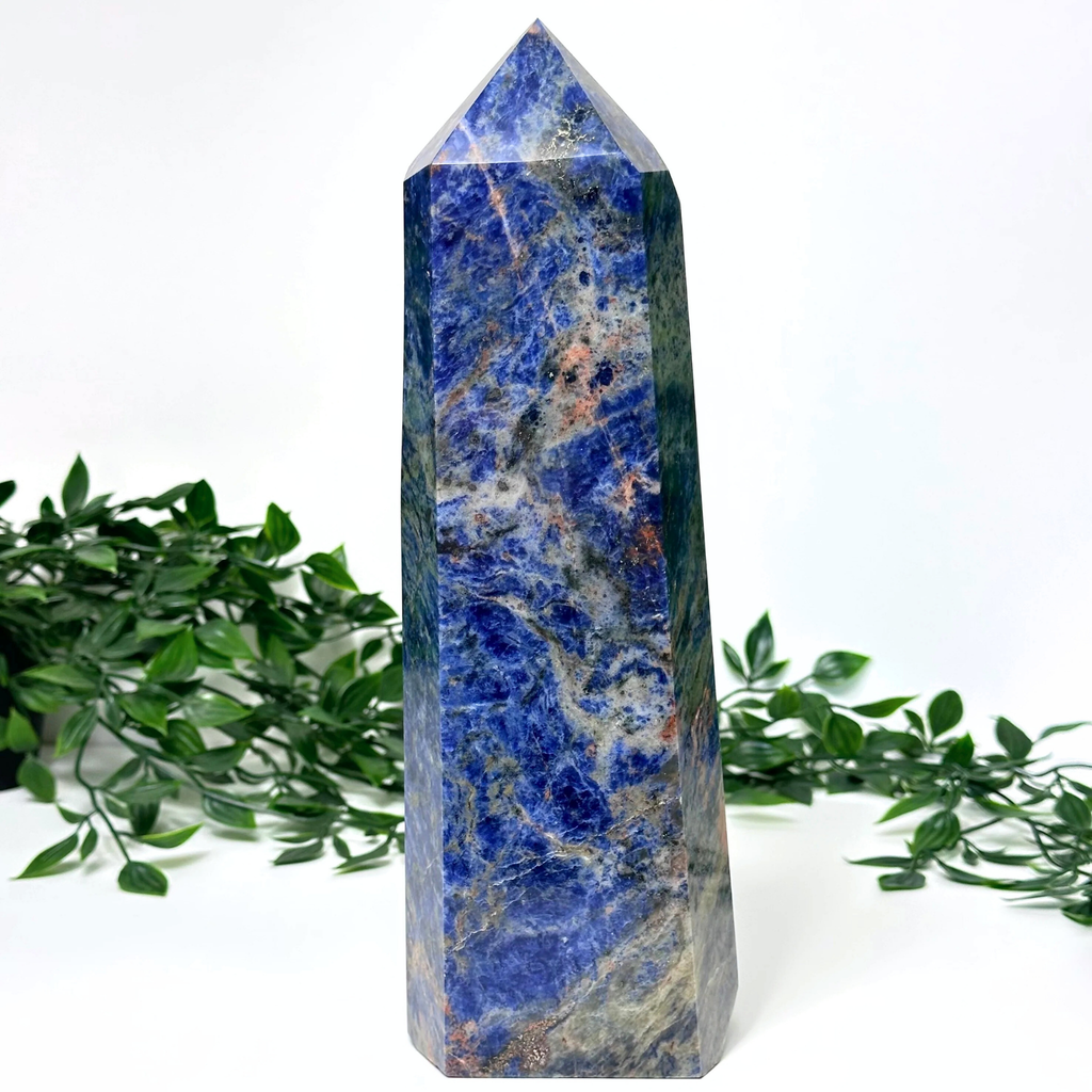 Extra large sodalite crystal tower with green foliage on a white background