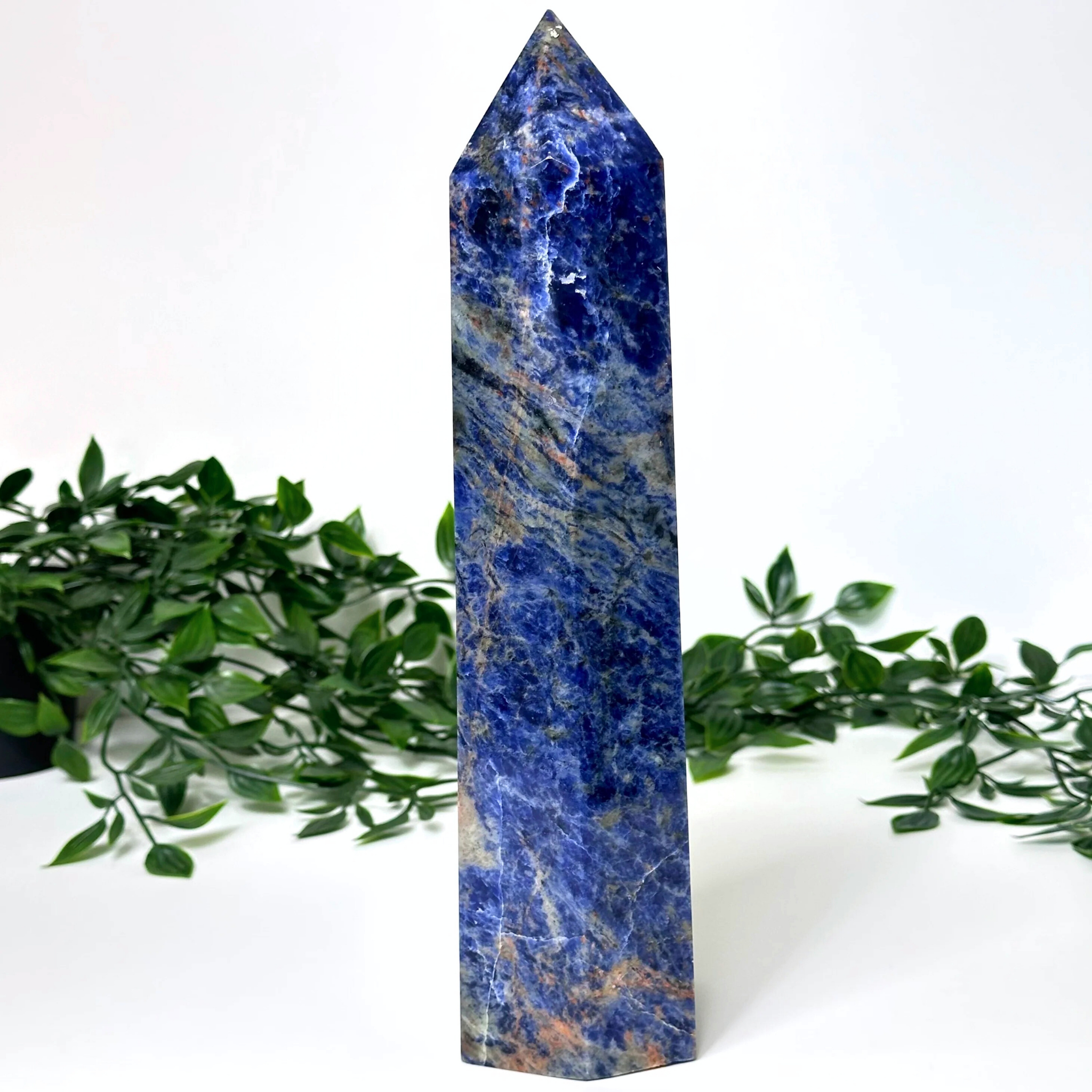 Extra large sodalite crystal tower with green foliage on a white background