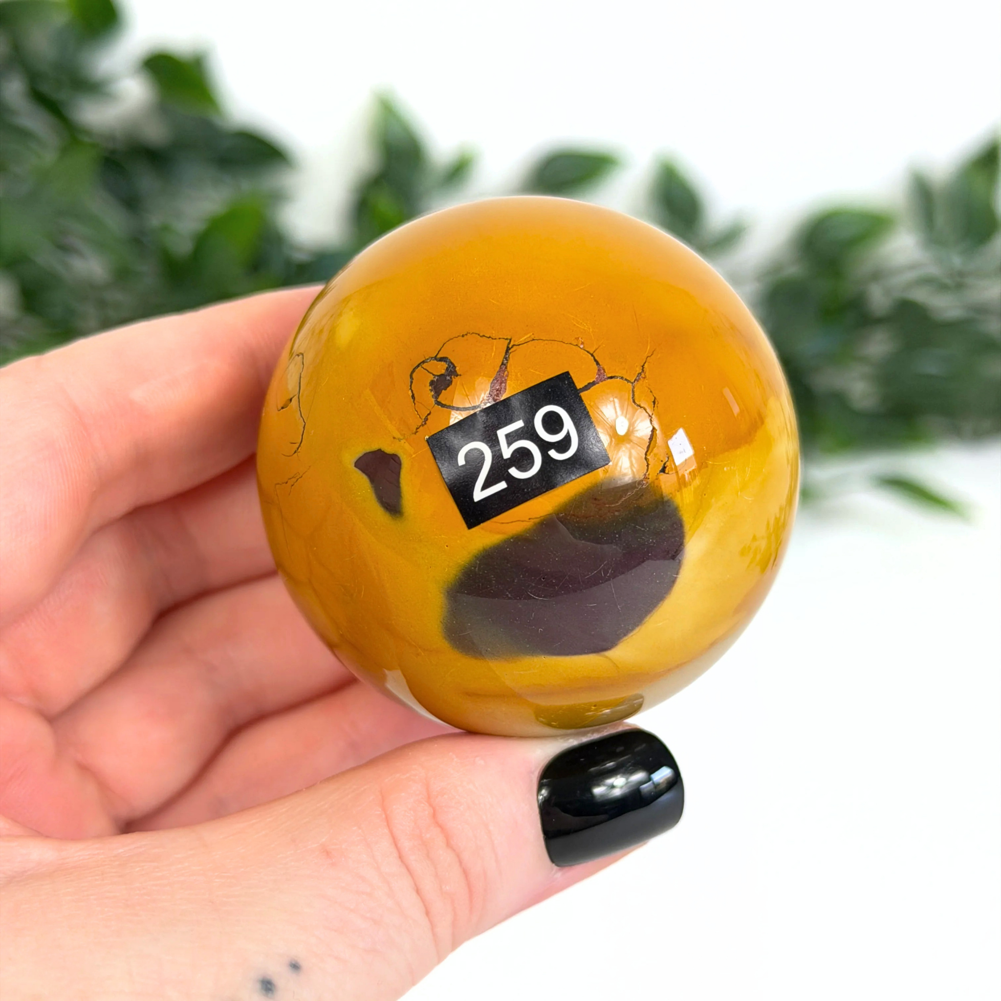 Hand holding a yellow mookaite crystal sphere with a black label on a blurred green background