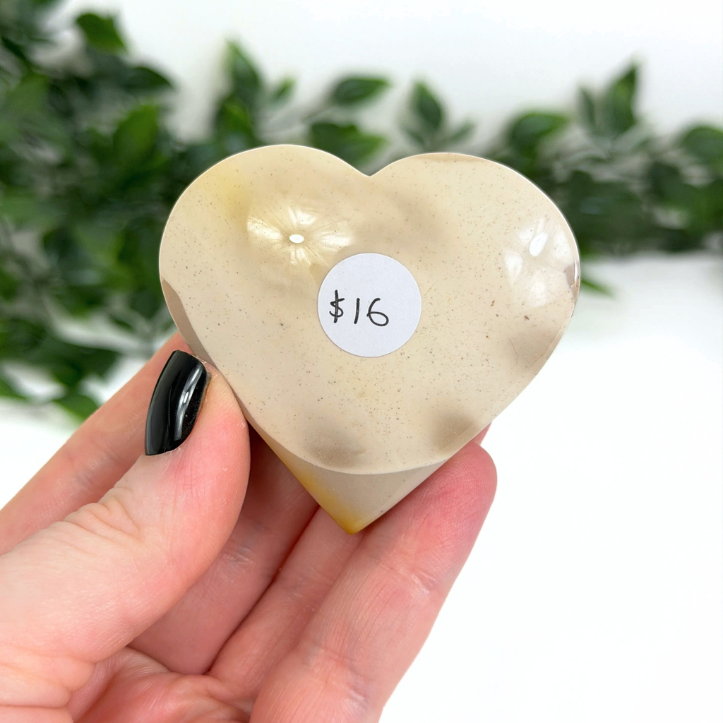 Heart-shaped mookaite crystal held by a hand with a price tag sticker, against a blurred green plant background.